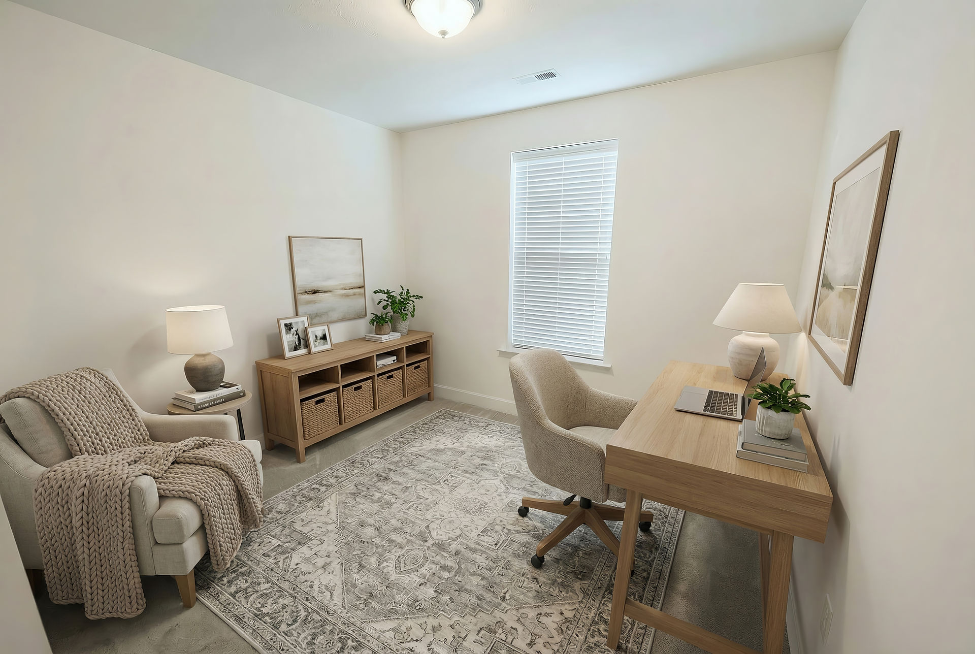 Virtual staging of a home office with a light wood desk, cozy reading chair, neutral rug, and soft decorative accents in a warm transitional style.
