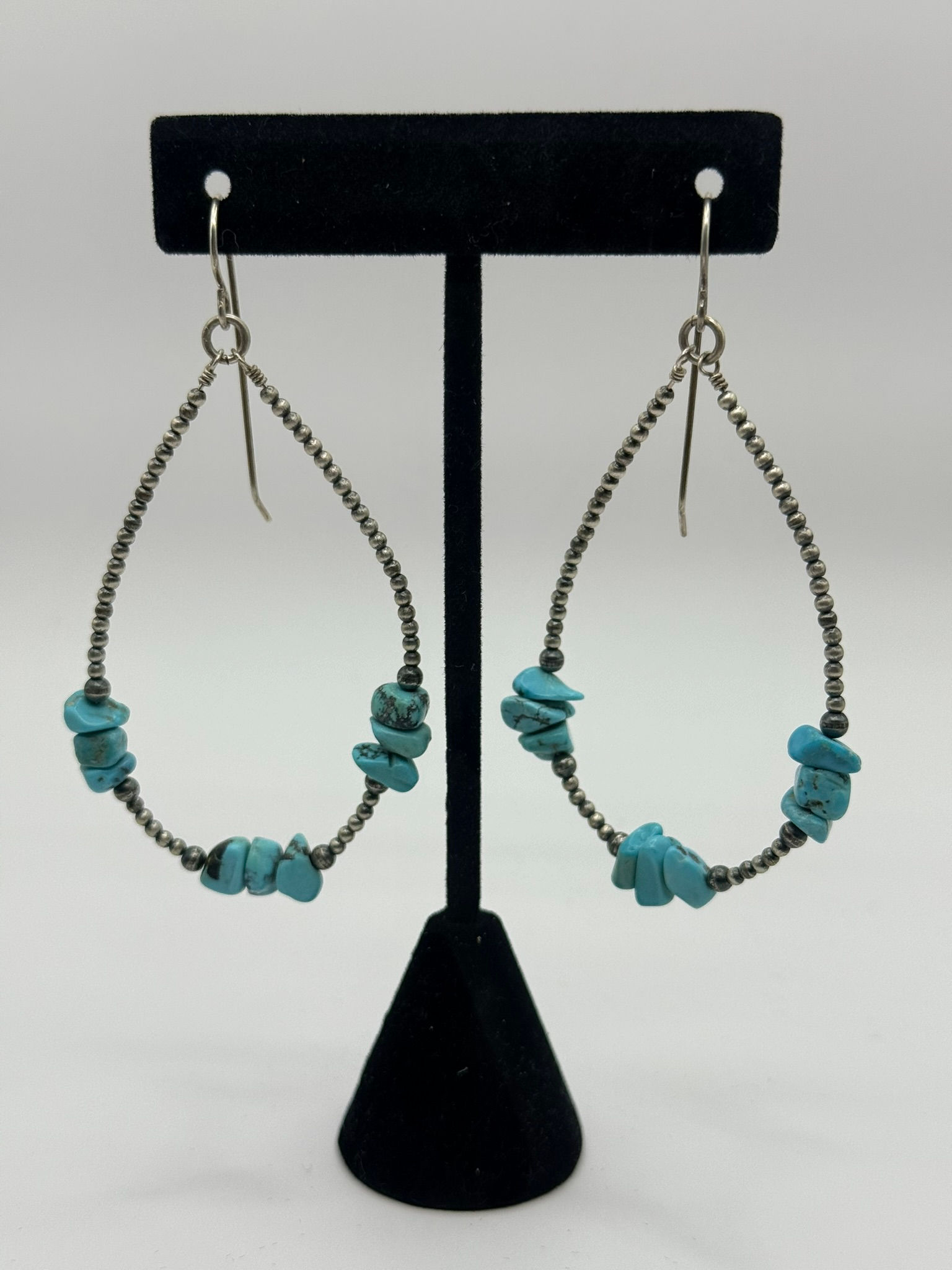 Sterling Silver Navajo Bead & Turquoise Teardrop Hoop Earrings