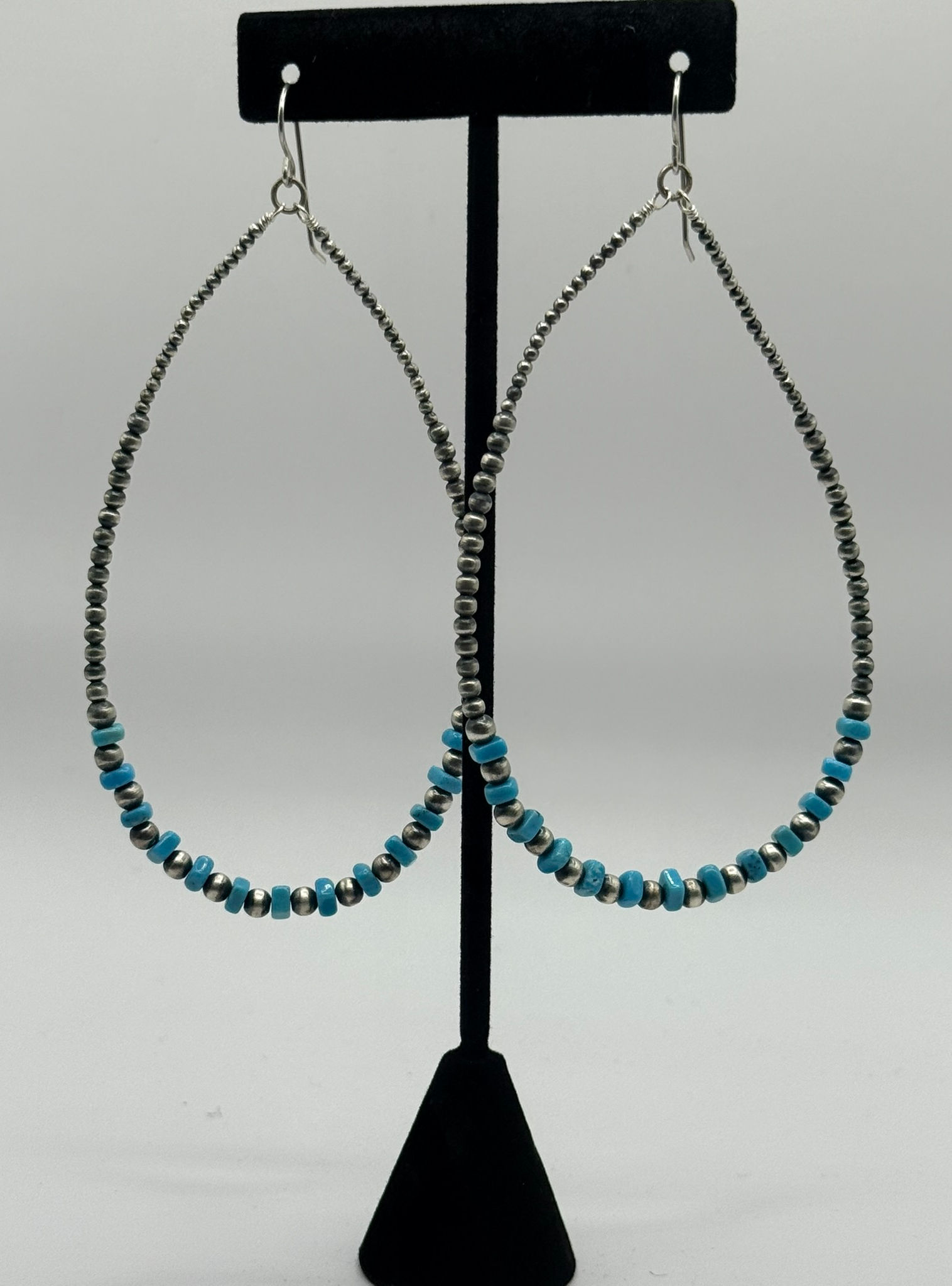 Sterling Silver Petite Navajo Bead & Turquoise Teardrop Earrings