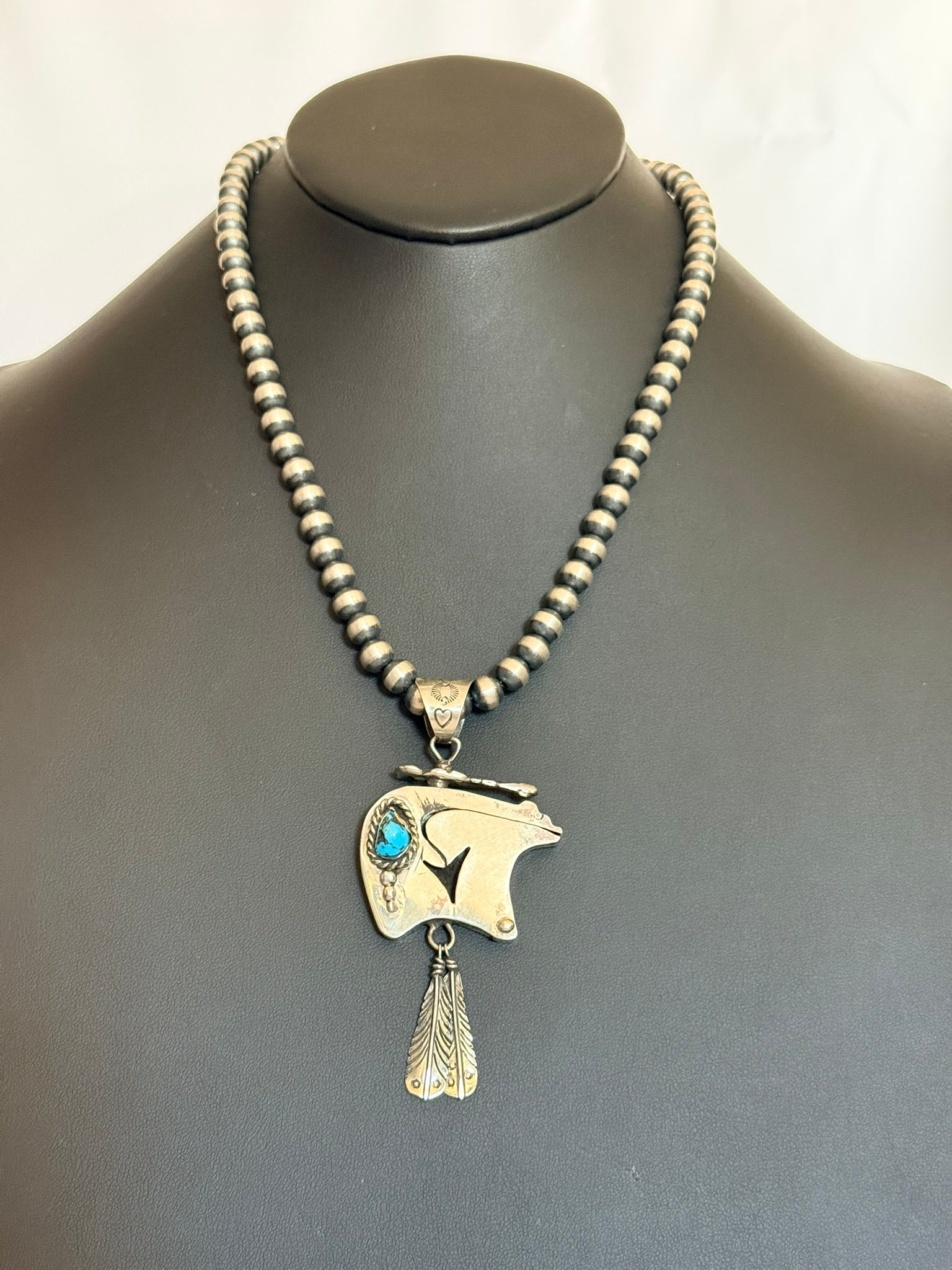 Sterling Bear Pendant with Feather Embellishment and Turquoise Nugget