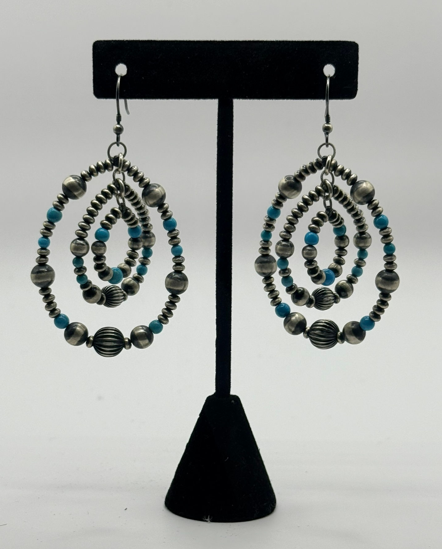 Sterling Silver Navajo Bead & Turquoise Triple Teardrop Earrings
