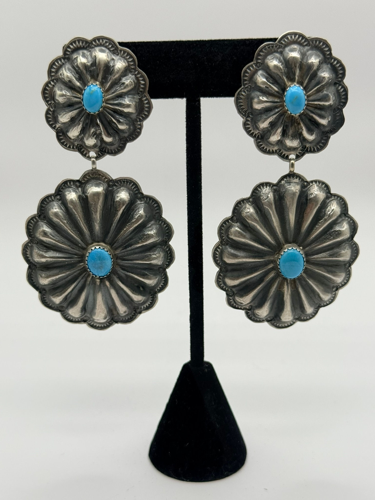 Sterling Silver Stamped Double Concho with Turquoise Earrings - R.L.