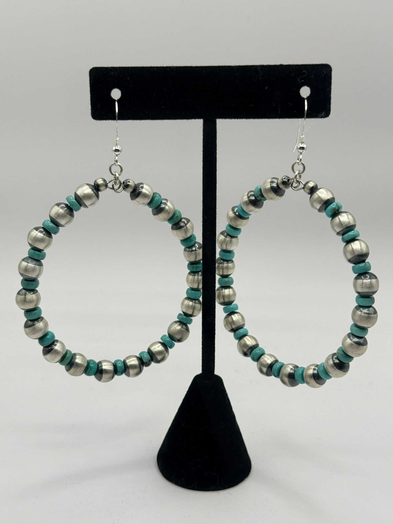 Sterling Silver Navajo Pearls & Turquoise Hoop Earrings