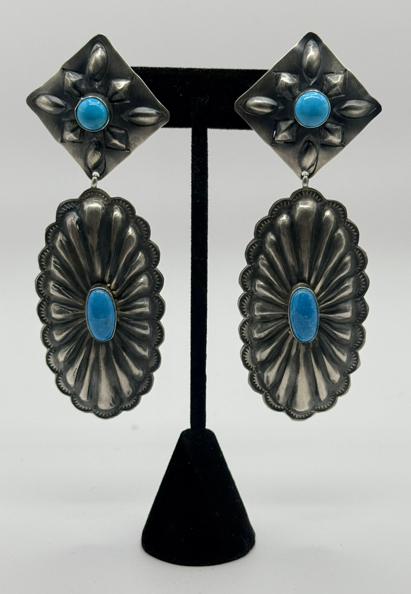Sterling Silver Stamped Concho with Turquoise Earrings - R.L.