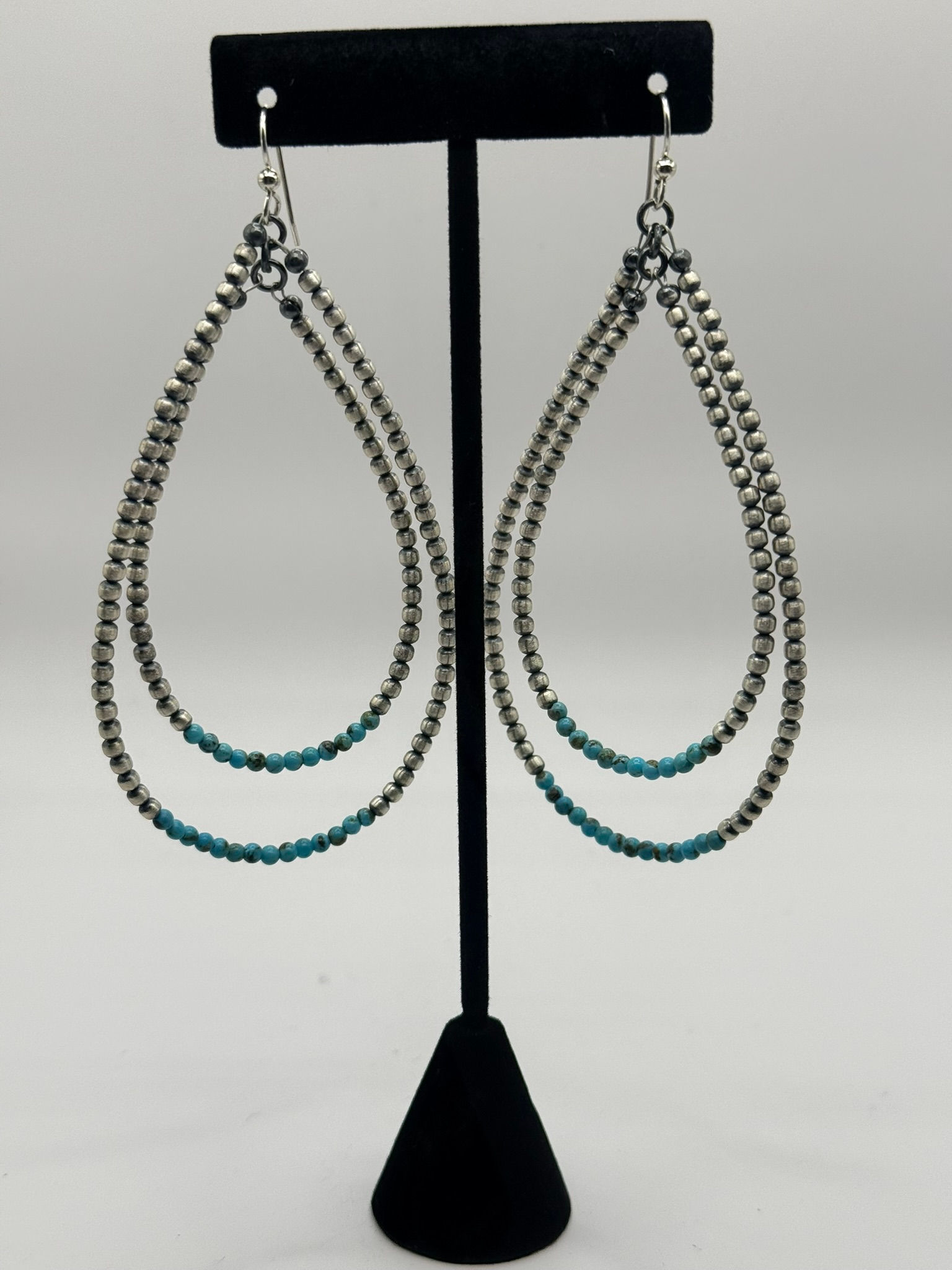 Sterling Silver Navajo Bead Double Teardrop Earrings