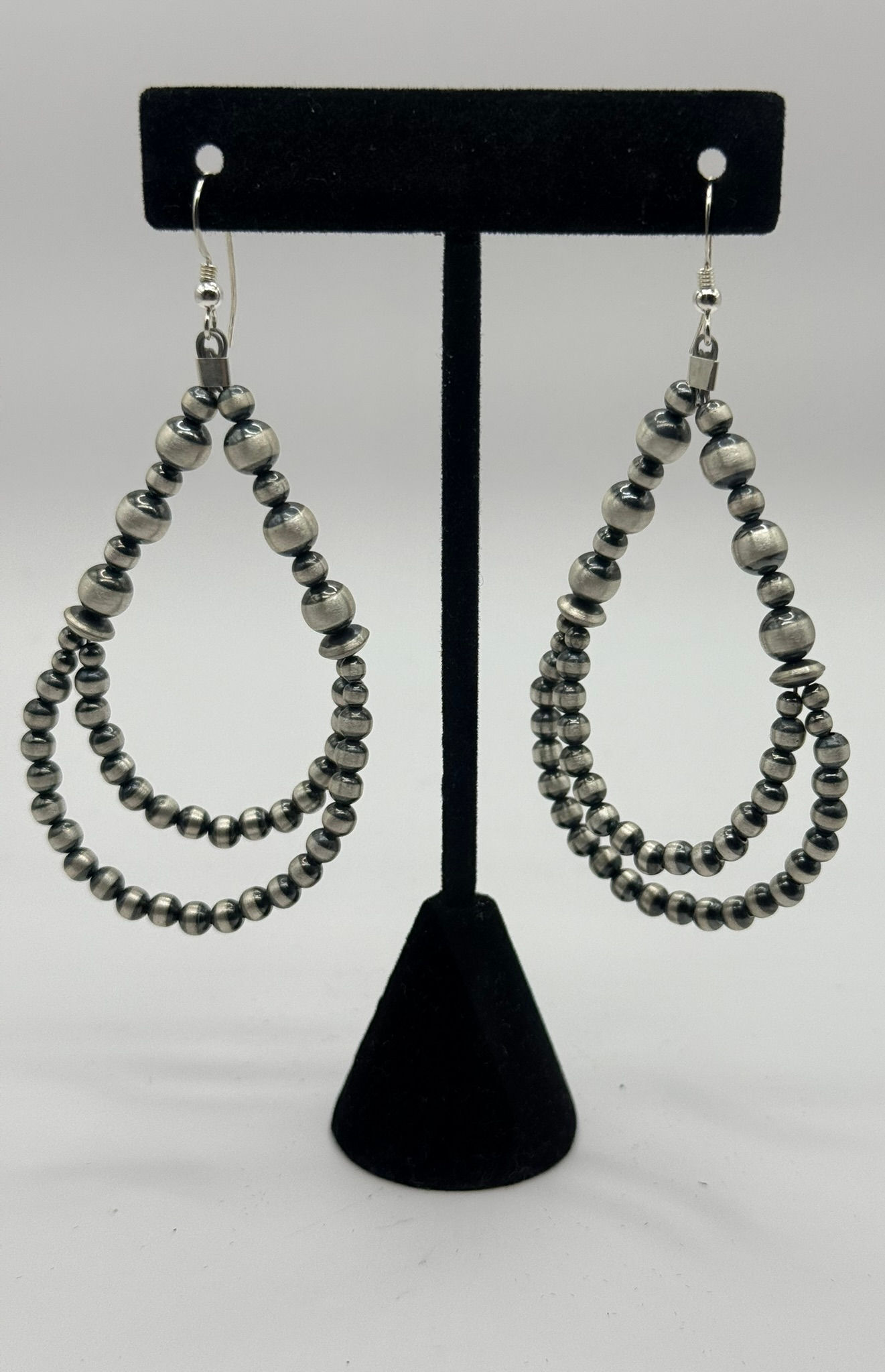 Sterling Silver Navajo Bead Double Teardrop Earrings