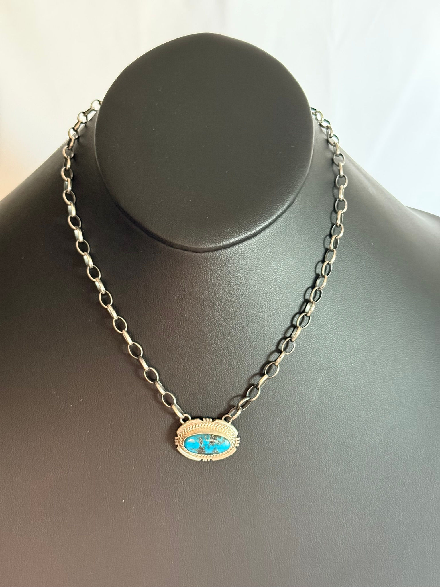 Large Link Sterling Chain with Turquoise & Sterling Medallion Necklace