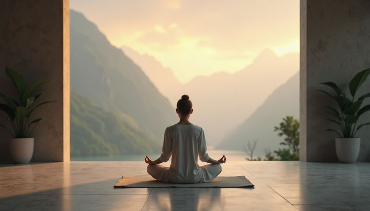 Person meditating overlooking mountains at sunset, embracing holistic peace.
