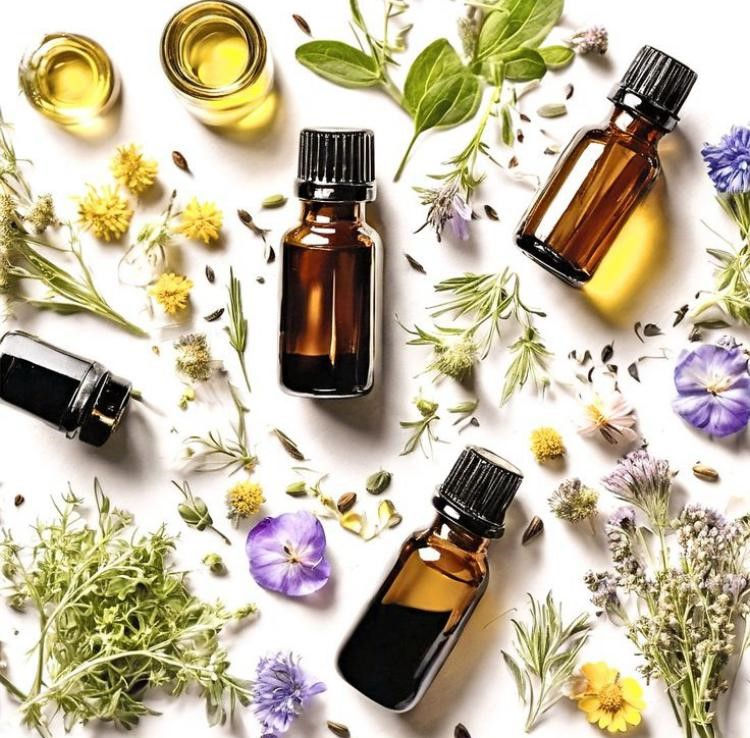 Essential oil bottles with herbs and flowers