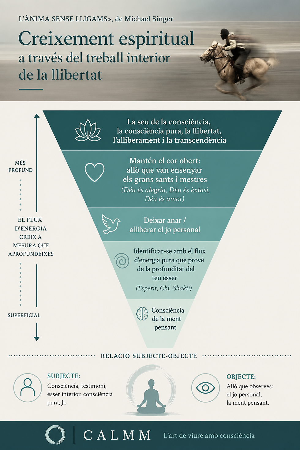 Aquesta infografia resumeix el recorregut que proposa Michael Singer: passar de la identificació amb la ment pensant a una consciència cada vegada més profunda, oberta i lliure. El treball interior no consisteix tant a afegir res, sinó a deixar anar allò que ens manté atrapats en el jo personal.