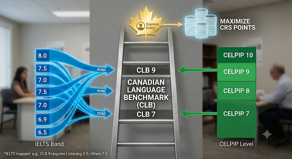 An infographic illustrating the conversion of language test scores to the Canadian Language Benchmark (CLB). A central chart shows CLB levels 7 through 10. Arrows map IELTS band scores (left side, e.g., 7.0, 8.0) indirectly to CLB levels, while CELPIP levels (right side, e.g., 7, 8, 9) map directly and cleanly to their corresponding CLB levels. The IRCC logo is visible at the bottom.
