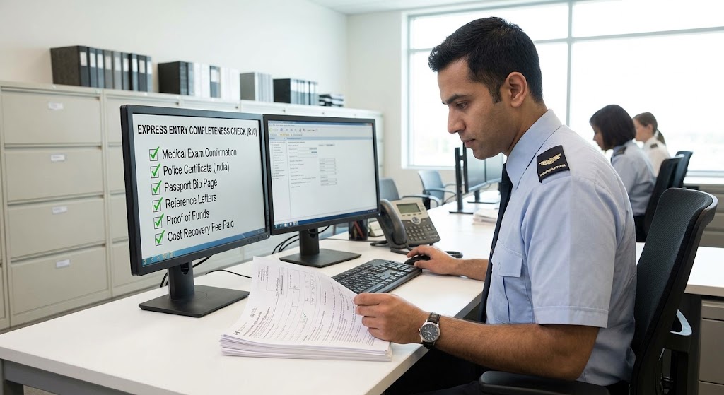 An immigration officer in a light blue shirt with shoulder epaulets sits at a desk in a modern office with filing cabinets. He is reviewing a stack of paper forms while looking at a computer screen that displays a checklist titled 'EXPRESS ENTRY COMPLETENESS CHECK (R10)' with all items checked off in green.