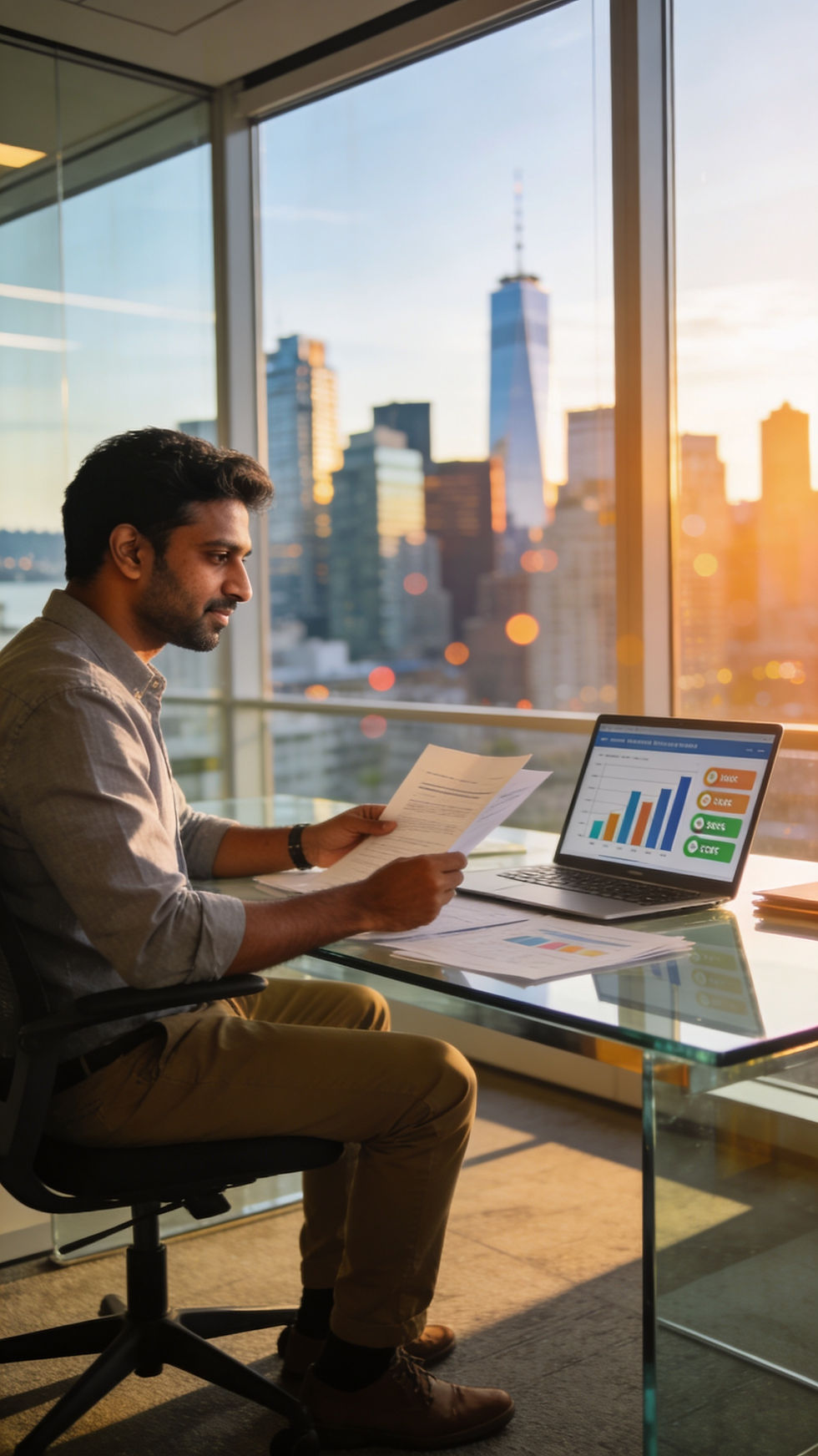 Professional reviewing Express Entry CRS profile and ranking scores on a laptop at a modern Vancouver office with city skyline in the background