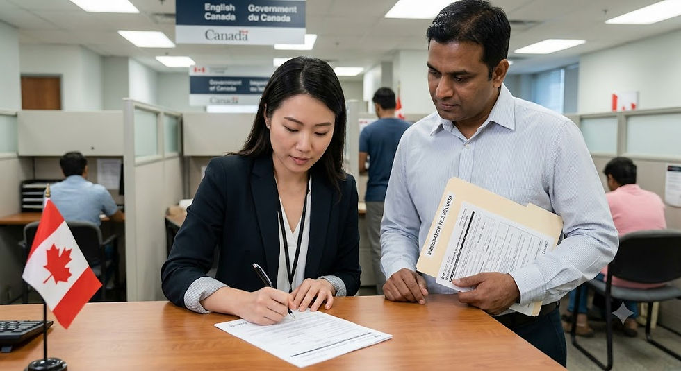An East Asian woman in a professional blazer sits at a desk and signs the IMM 5744 "Consent to Release Personal Information" form with a pen. Standing beside her, a South Asian man in a button-down shirt holds an "IMMIGRATION FILE REQUEST" folder, watching her sign. The scene takes place in a brightly lit Government of Canada service center environment.