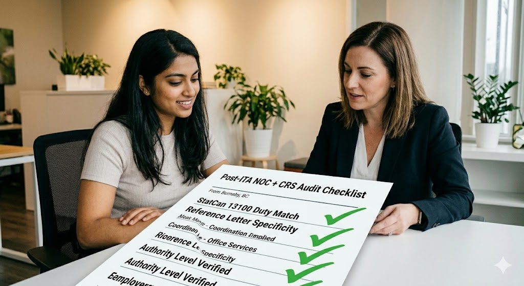 An immigration applicant of South Asian descent is shown sitting across a desk from a professional consultant in a modern Metro Vancouver office, jointly reviewing a printed document titled 'Post-ITA NOC + CRS Audit Checklist' with green checkmarks.