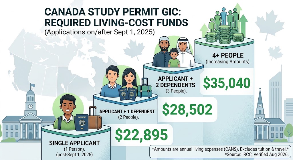 An infographic in a descending step format illustrating the required annual living expenses in CAN$ for a Canada study permit for applications on or after September 1, 2025, excluding tuition and travel. It shows $22,895 for a single applicant, $28,502 for two people, $35,040 for three people, and increasing amounts for four or more people, sourced from IRCC.