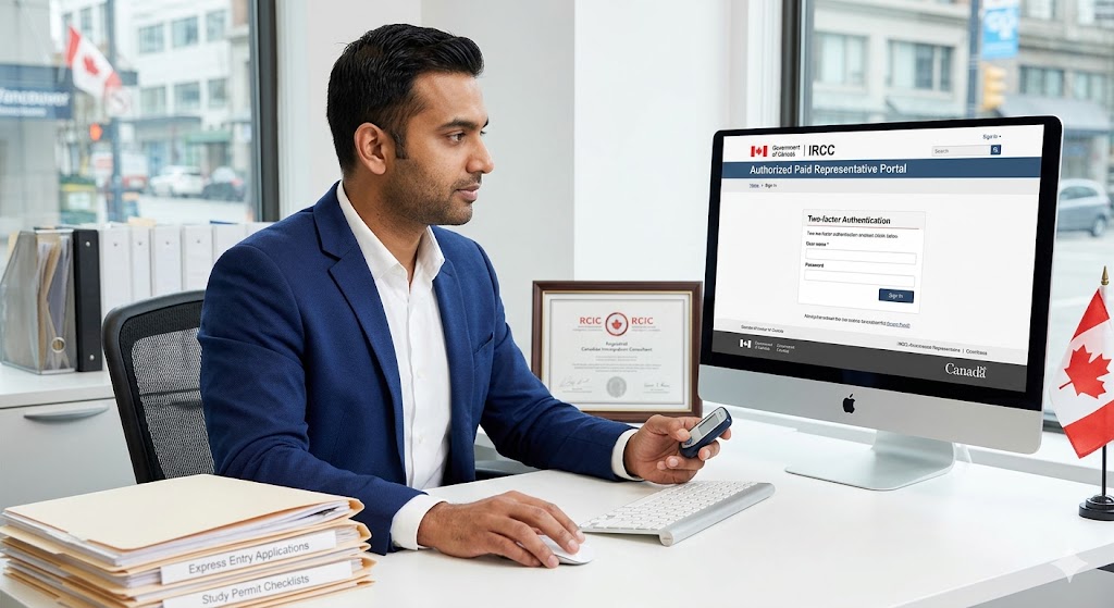 A professional photograph of Amir Ansari, RCIC, seated at a desk in a Vancouver office, using a physical security token to log into the secure Government of Canada IRCC Authorized Paid Representative Portal shown on a desktop monitor.