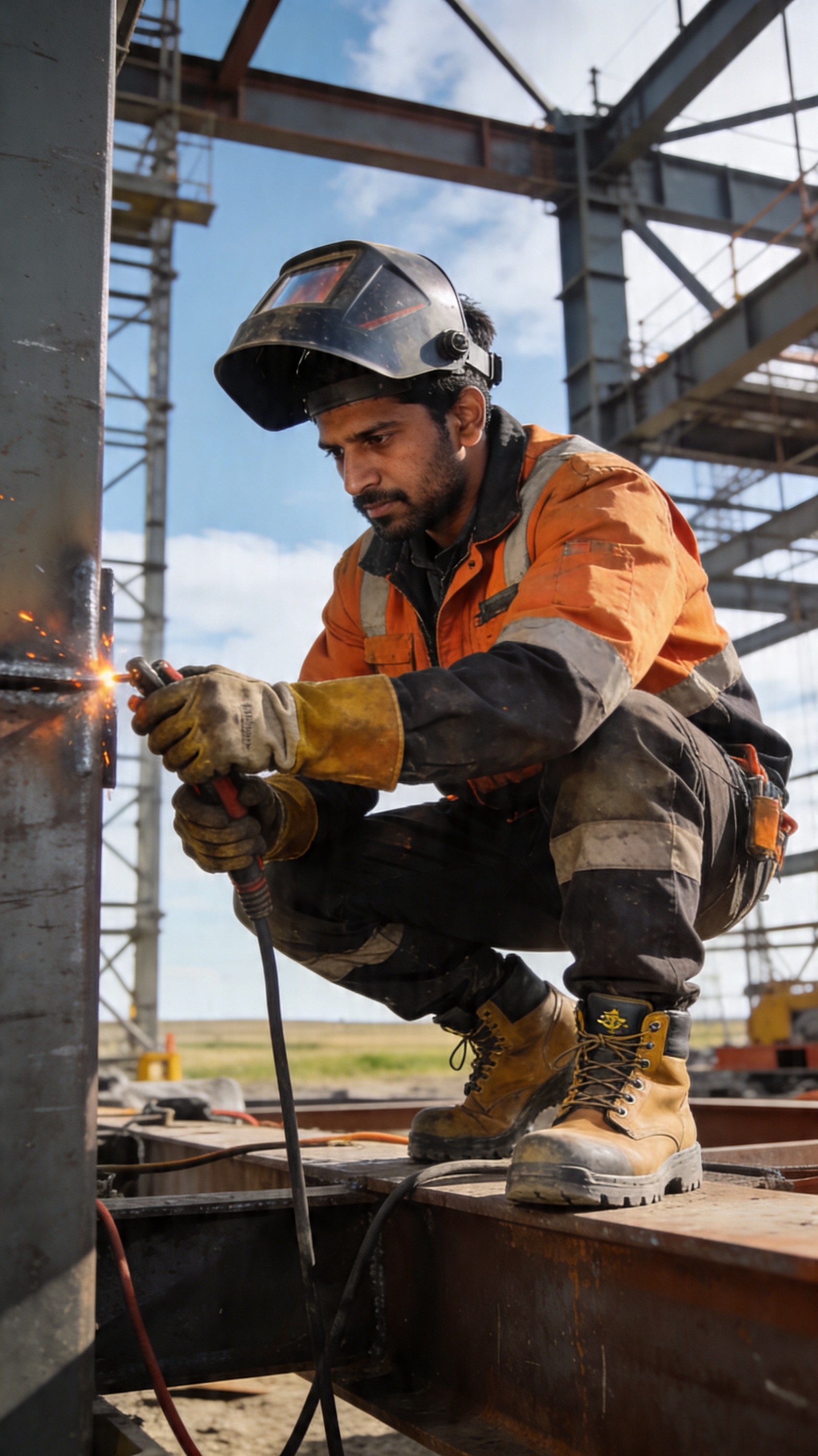 A South Asian male skilled tradesman in full safety gear working on an industrial construction site in Alberta with a prairie sky in the background