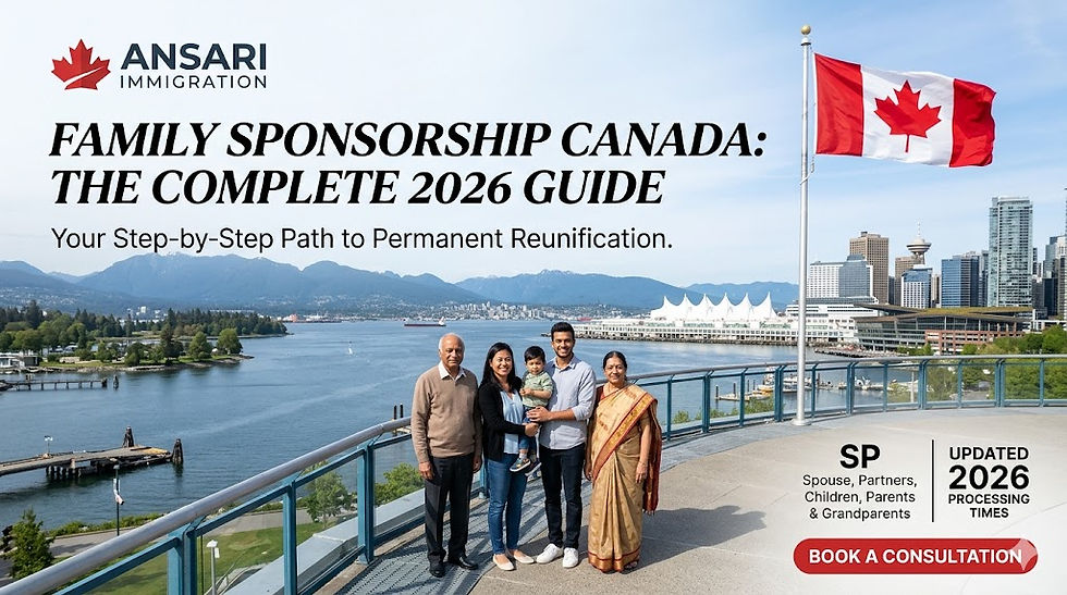 An informational graphic promoting family sponsorship for Ansari Immigration, featuring a multi-generational diverse family of five smiling on a Vancouver overlook. Prominent text reads: "FAMILY SPONSORSHIP CANADA: THE COMPLETE 2026 GUIDE" and "Your Step-by-Step Path to Permanent Reunification." Additional labels specify "Spouse, Partners, Children, Parents & Grandparents," "UPDATED 2026 PROCESSING TIMES," and a call-to-action button: "BOOK A CONSULTATION.