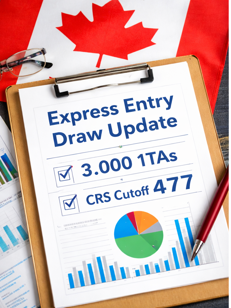 Express Entry draw update in Canada showing 3,000 invitations and CRS cutoff 477