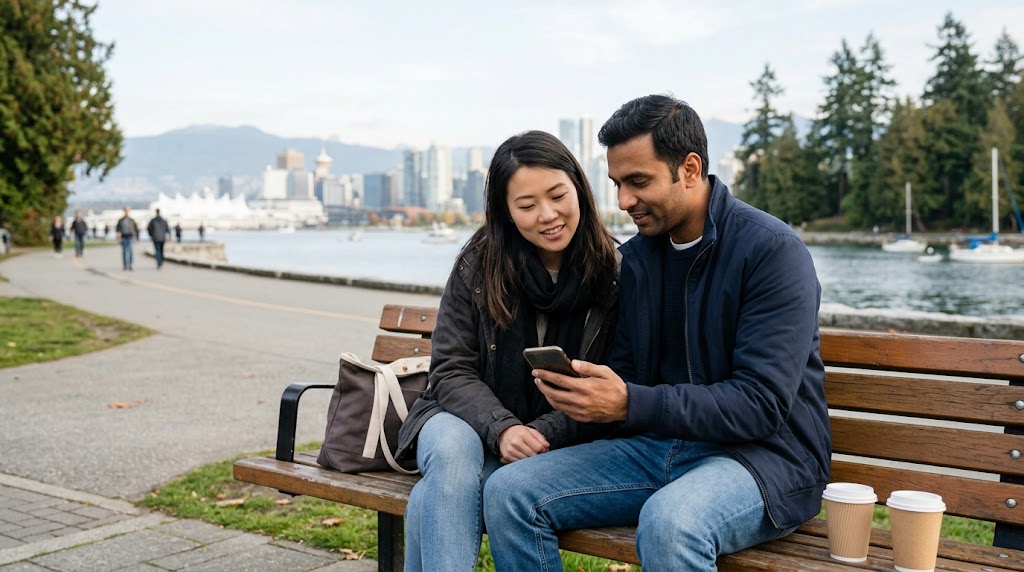 A diverse newcomer couple sitting on a wooden bench on the Vancouver waterfront (near Stanley Park) looking together at a smartphone screen, with the downtown skyline, pedestrian seawall, and boats on the water in the background.