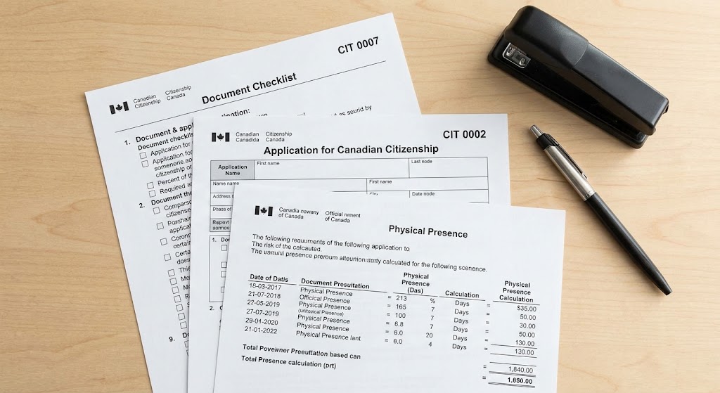 Flat-lay photograph of essential Canadian citizenship application documents on a wooden desk, including the CIT 0007 checklist, CIT 0002 form, physical presence printout, pen, and stapler.