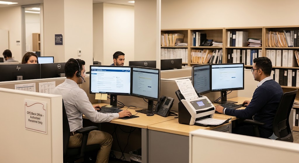 A professional photograph of a quiet, focused IRCC back-office environment. Staff are working at computers and reviewing digital files within a secure data centre. The scene emphasizes digitized workflows and is closed to the public.