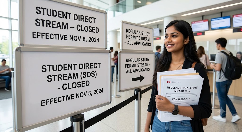 A confident smiling woman in a bustling immigration office, holding a stack of 'REGULAR STUDY PERMIT APPLICATION' documents. Behind her, official signs clearly state 'STUDENT DIRECT STREAM – CLOSED EFFECTIVE NOV 8, 2024' and 'REGULAR STUDY PERMIT STREAM – ALL APPLICANTS', directing traffic away from the closed SDS line.