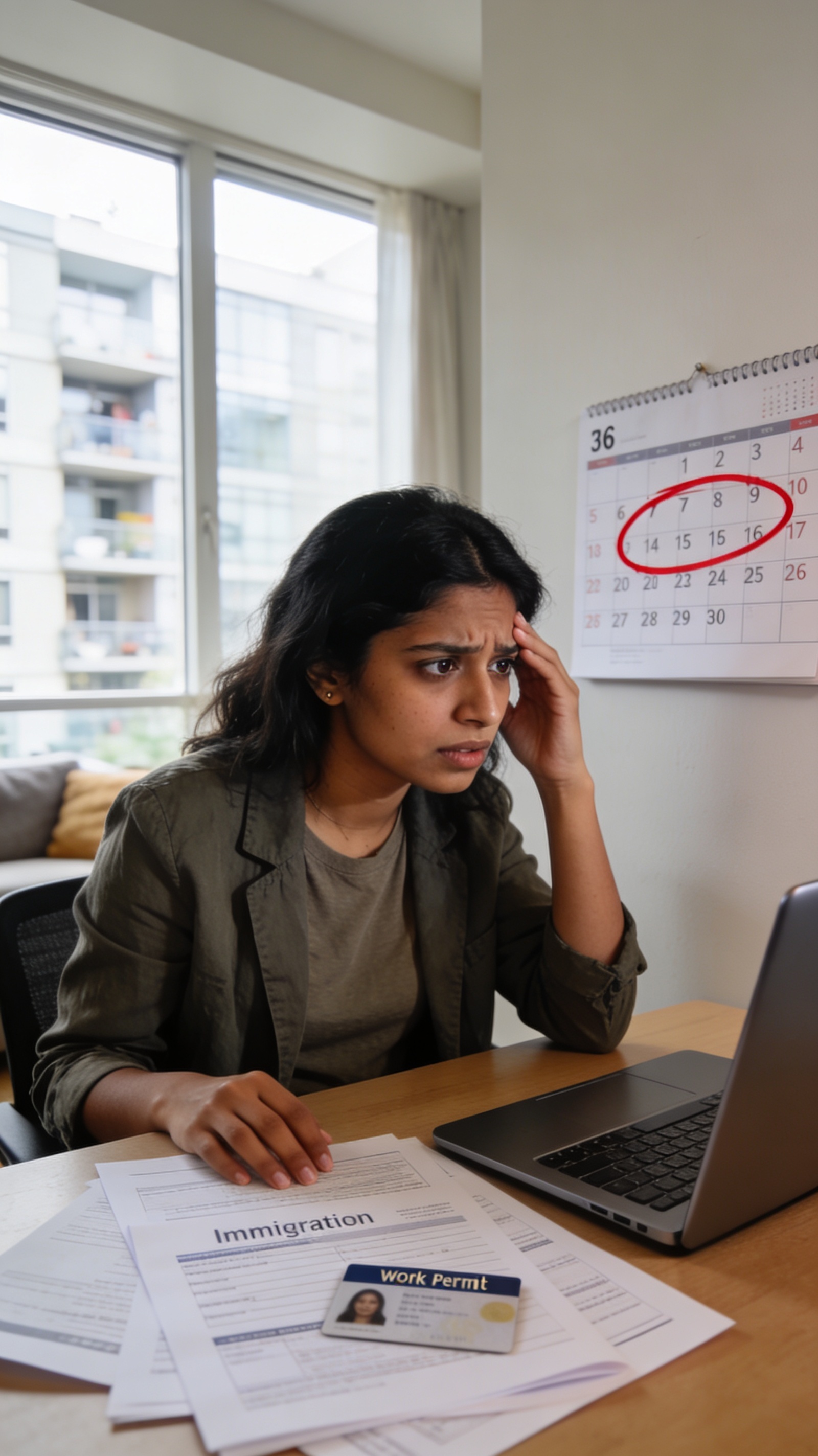 A young South Asian woman sits at her Vancouver apartment desk looking stressed and anxious, staring at a wall calendar with a circled deadline date, with immigration documents and a work permit spread in front of her, representing the urgency of a PGWP expiry deadline.