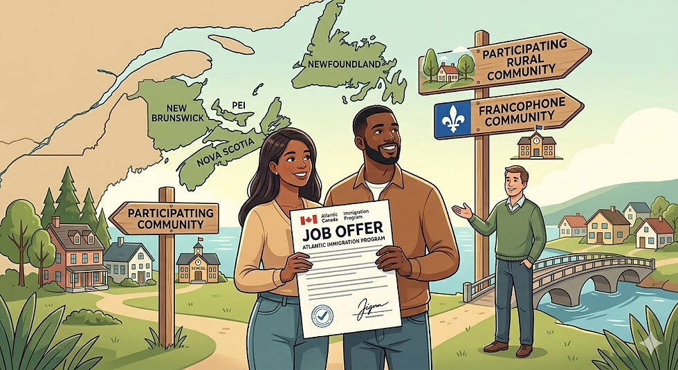 A warm, modern digital illustration depicting a happy diverse couple holding a 'Job Offer' document in front of a map of Atlantic Canada. A signpost points towards 'Participating Rural Community' and 'Francophone Community' with illustrative icons, while a welcoming community member gestures towards a quaint town and bridge, representing community-driven immigration programs.