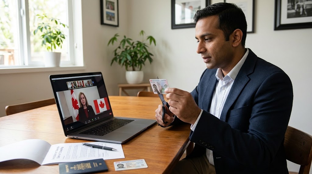 A South Asian man in a blazer sitting at a wooden dining table in a home, looking at his laptop during a virtual Canadian citizenship ceremony. On the screen, a presiding official is visible next to a Canadian flag, along with other attendees. The man is holding a pair of scissors, about to cut his Permanent Resident (PR) card on video. Laid on the table in front of him are an "Oath or Affirmation of Citizenship" document, a passport, and identification cards. A window and indoor plants are visible in the background.
