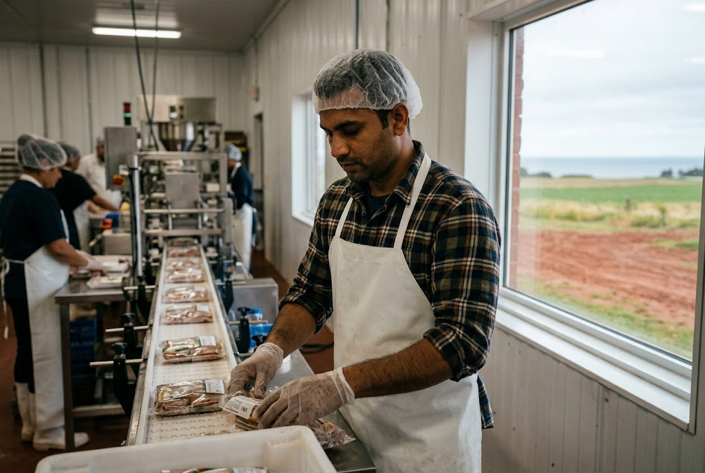 An indoor photo of a busy food processing facility in Prince Edward Island, showing a South Asian male worker wearing a hairnet, apron, and gloves as he packages meat products on an active assembly line. Other staff work in the background, and a large window looks out onto PEI's signature red soil fields and the distant coastline.