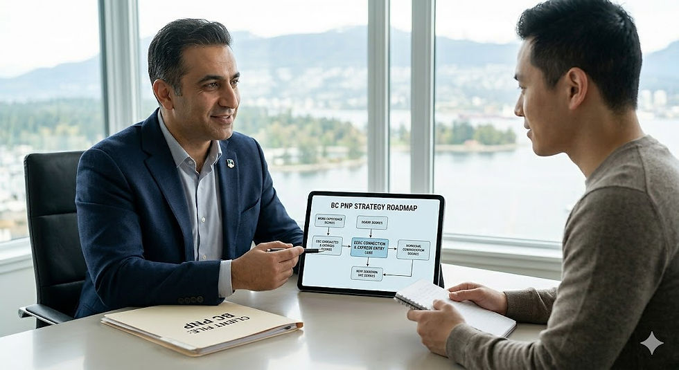 Regulated Canadian Immigration Consultant Amir Ansari discusses a detailed BC PNP strategy roadmap with a client during a consultation in a Vancouver boardroom.