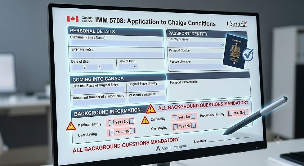 "A digital illustration and photograph showing a structured view of the electronic IMM 5708 form on a computer monitor. It highlights sections for personal details, passport info, coming into Canada, and emphasizes mandatory background questions with explicit text and icons, including a signature field with a stylus."