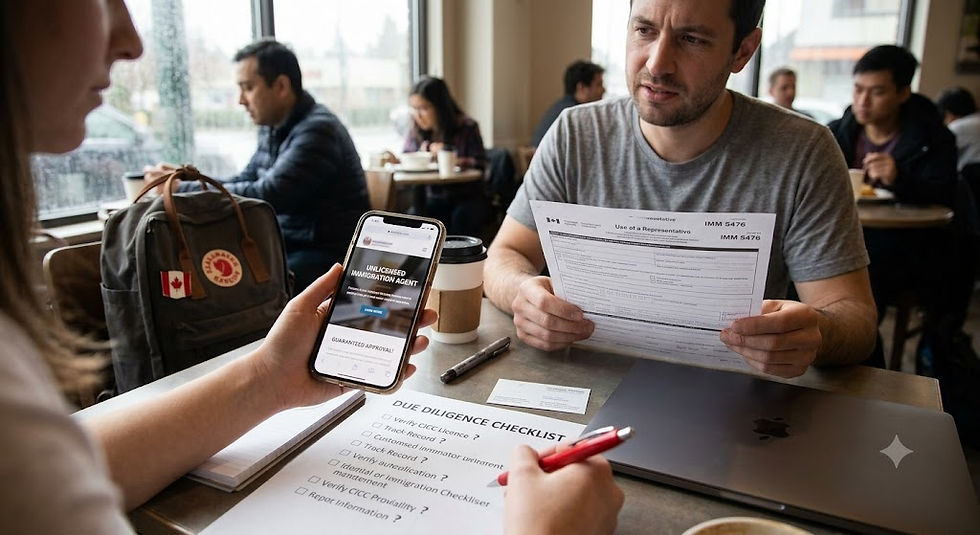 A candid photograph taken in a bustling Metro Vancouver café. An immigration applicant is shown holding a smartphone displaying an "Unlicensed Agent" website promising "Guaranteed Approval," while marking a physical "Due Diligence Checklist." She and a companion are closely reviewing printed documents and business cards.