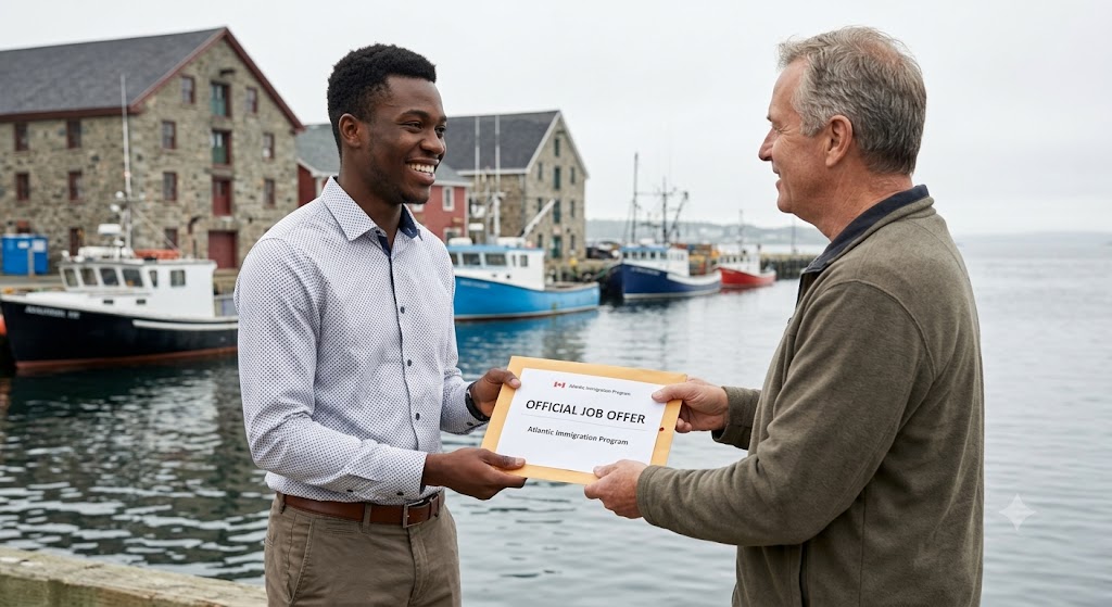 A joyful Black man in business-casual attire receives a sealed envelope marked 'OFFICIAL JOB OFFER' and 'Atlantic Immigration Program' from an older employer on a waterfront in Halifax. The background features characteristic stone buildings, docked fishing boats, and the gray Atlantic Ocean under diffused, slightly overcast daylight.