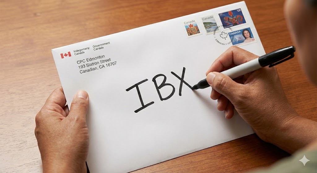 A detailed close-up shot of hands, identified as belonging to the person in the previous image, using a marker to write 'IBX' prominently on a large white envelope. The envelope is already addressed to CPC Edmonton for mailing a paper application, emphasizing the required paper-first process.