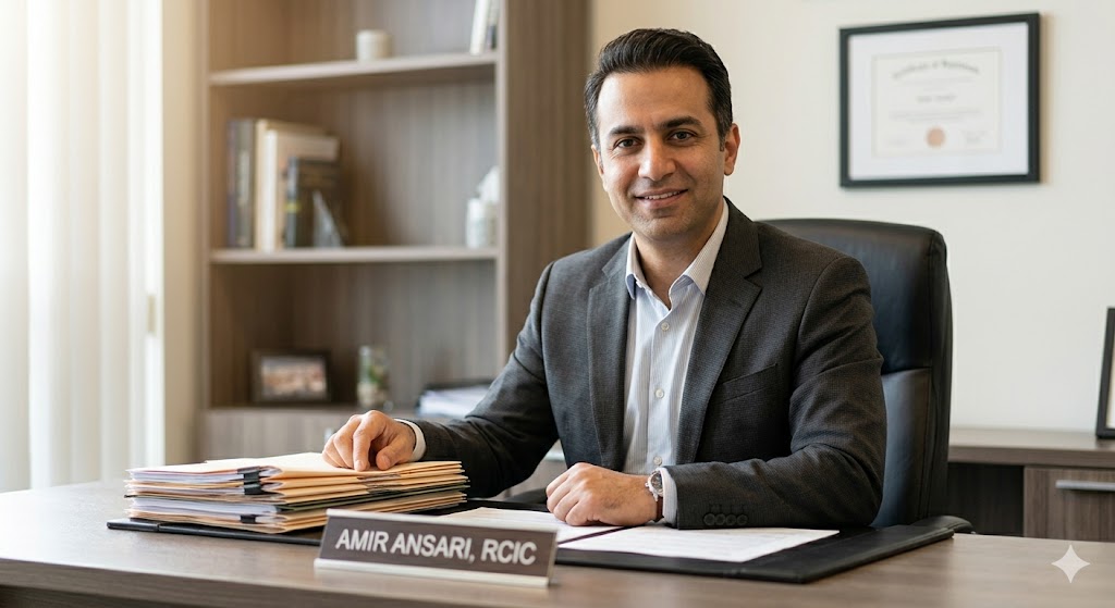 A professional portrait of Amir Ansari, RCIC, seated at a modern office desk with a warm and reassuring smile. He is in a dark suit jacket, and a clear nameplate reads 'AMIR ANSARI, RCIC.' The background shows an organized bookshelf.