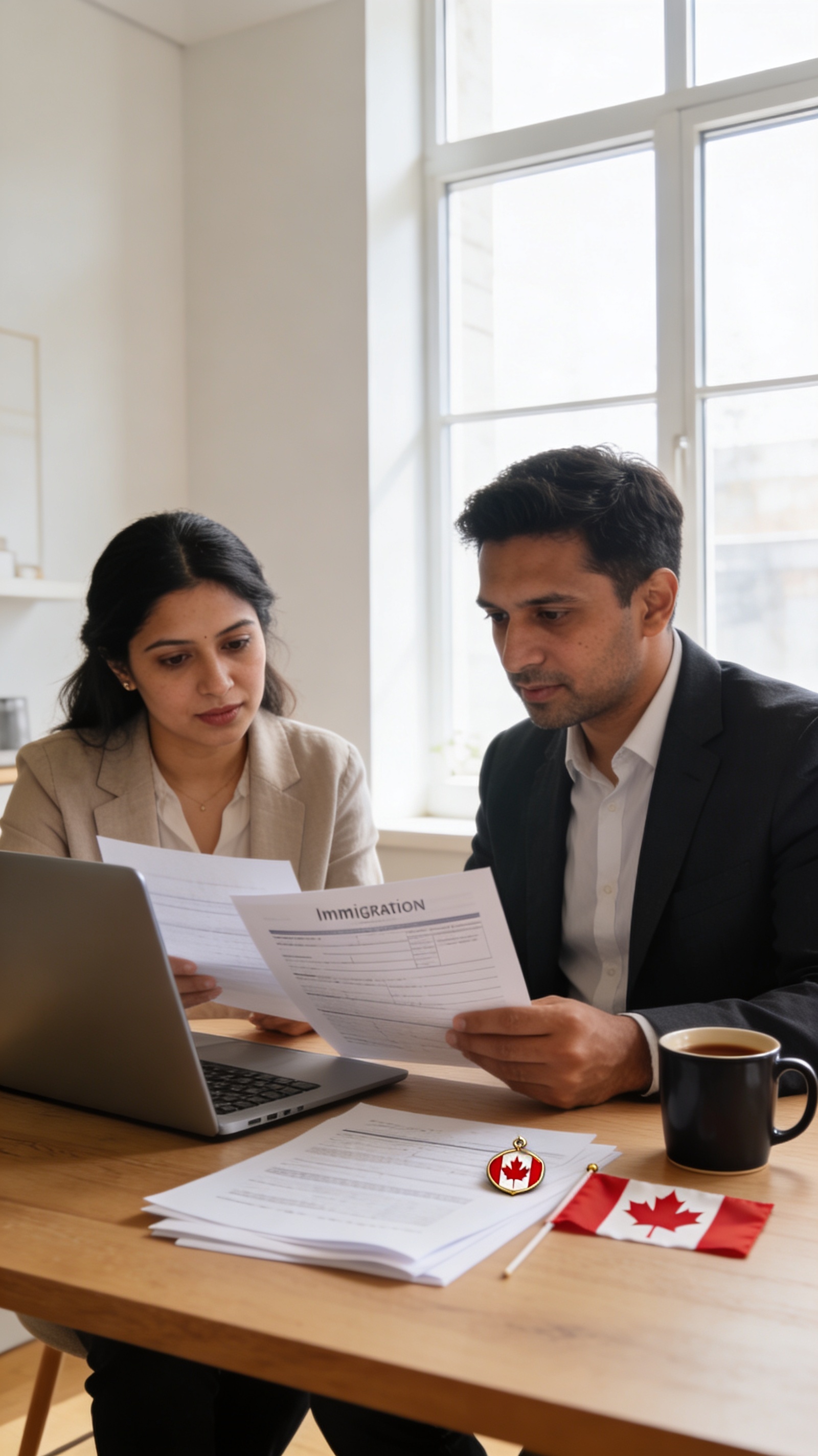 Immigrant couple reviewing Alberta AAIP Worker EOI documents and immigration application at home office