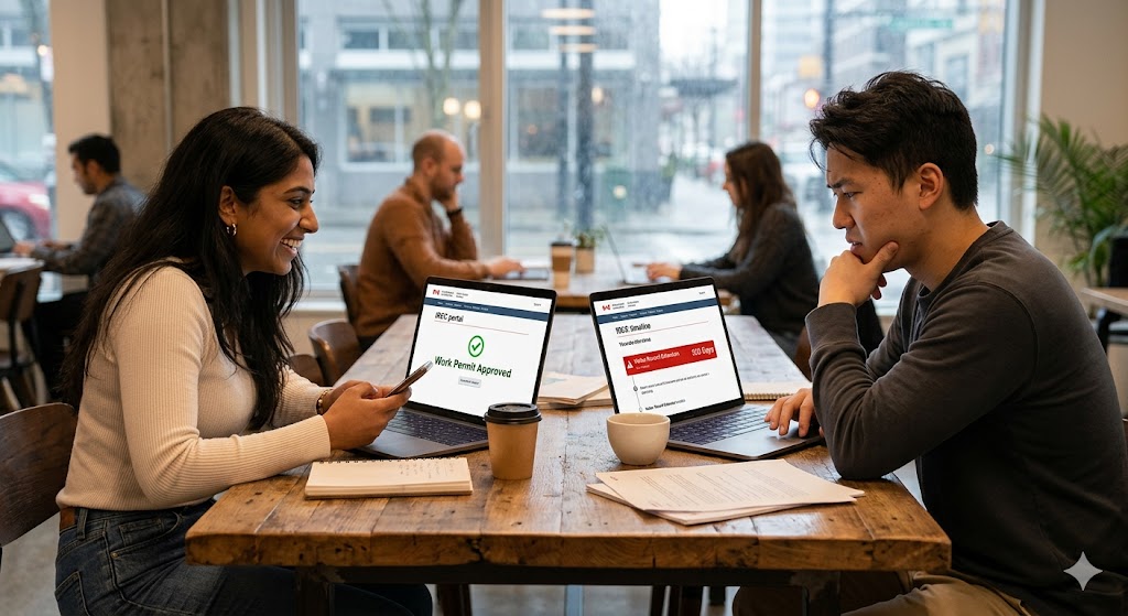 A candid photograph taken in a Vancouver co-working space showing a split reaction between two friends. A South Asian woman is smiling and relieved as her laptop displays a "Work Permit Approved" message. Across from her, an East Asian man looks stressed and anxious, his laptop showing a red warning bar that reads "Visitor Record Extension: 308 Days