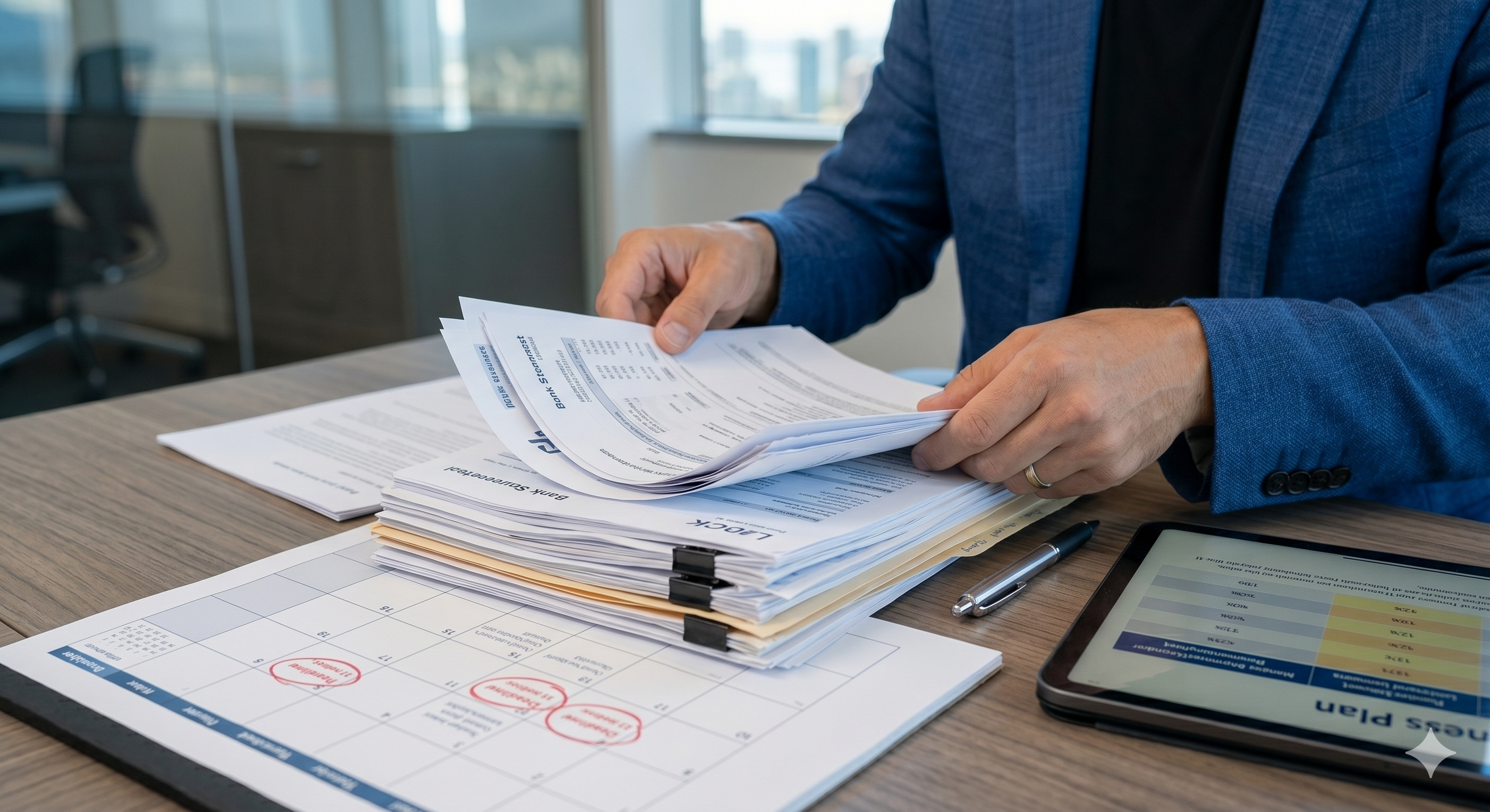 Representing the 'If you were invited' section, this image focuses on the meticulous, time-sensitive organization of financial verification and net worth documents required to meet the submission deadline.
