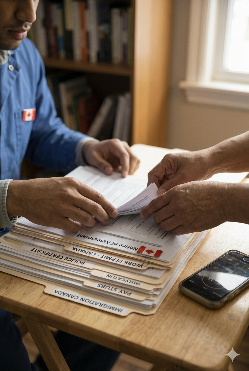 A detailed vertical close-up photograph focusing on two pairs of hands, belonging to the man in the previous photo and an older person of Filipina descent, collaboratively sorting through a stack of physical documents on a simple wooden desk. Visible file labels include 'WORK PERMIT - CANADA' and 'POLICE CERTIFICATE', emphasizing diligent preparation of application materials.