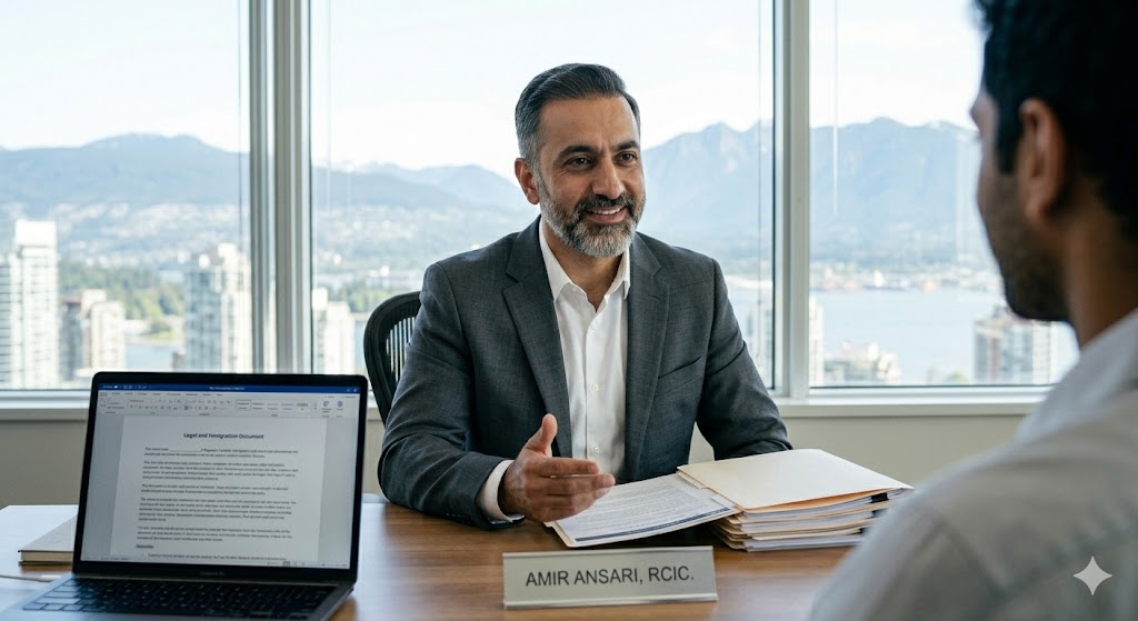A professional portrait of Amir Ansari, an immigration consultant of Middle Eastern descent in his late 40s, wearing a tailored navy blazer and a friendly, confident expression. He is sitting at a desk with a simple "Amir Ansari, RCIC" plaque, against a background of a bright Vancouver office with large windows overlooking the city skyline and mountains.