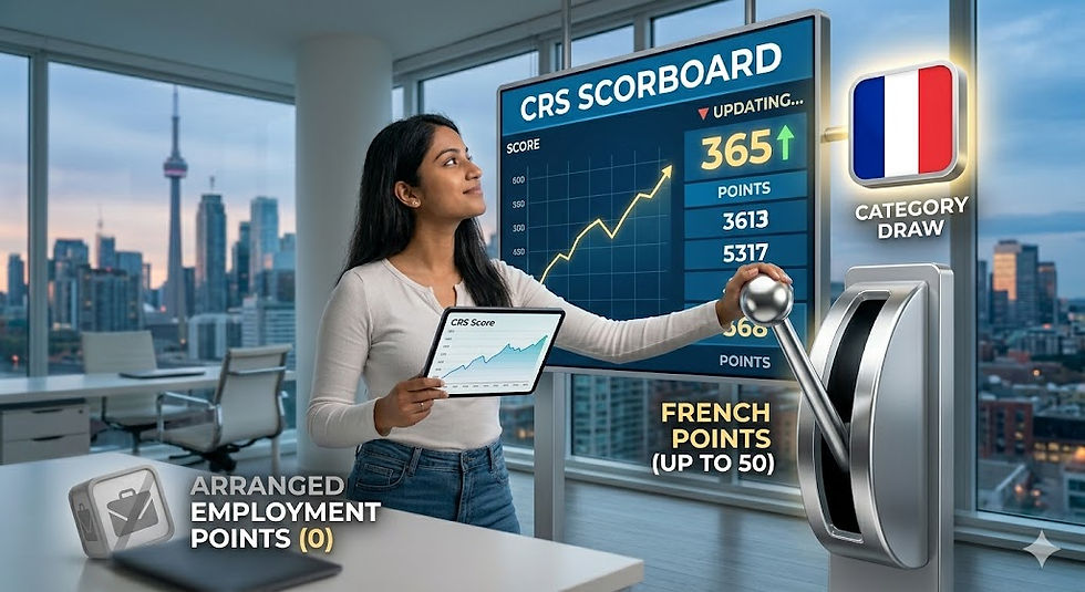 A South Asian woman pulling a large lever labeled 'FRENCH POINTS (UP TO 50)' inside a modern consultancy office. This action causes a CRS scoreboard to increase, while a 'CATEGORY DRAW' icon lights up. A separate, greyed-out icon for 'ARRANGED EMPLOYMENT' reads '0 POINTS,' highlighting the strategic shift.