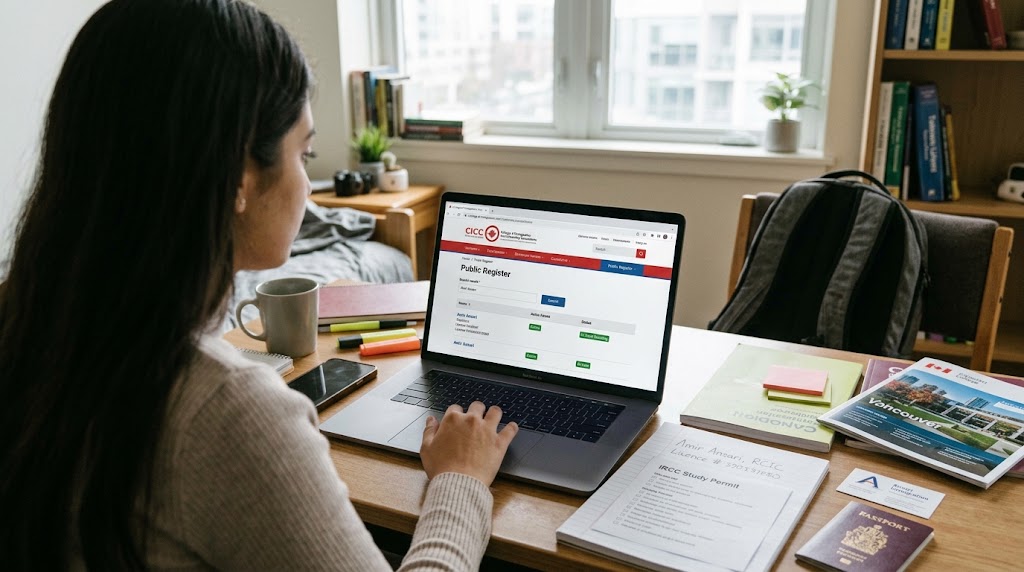 An over-the-shoulder view of an international student using a laptop at her desk to search the College of Immigration and Citizenship Consultants (CICC) Public Register. The desk contains a Canadian passport, a "Vancouver" study permit guide, and handwritten notes referencing "Amir Ansari, RCIC" and "IRCC Study Permit". A window, backpack, and books are visible in the background.