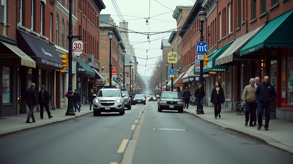 High angle view of a busy street in downtown Ontario with diverse businesses