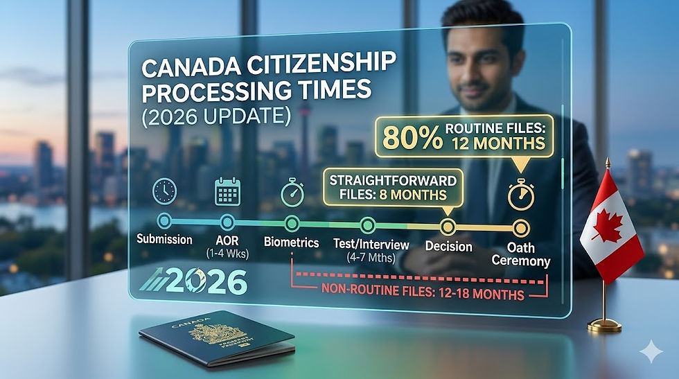 A digital infographic with a professional man and a Vancouver cityscape background, displaying a futuristic transparent dashboard titled "CANADA CITIZENSHIP PROCESSING TIMES (2026 UPDATE)". The timeline highlights: "80% ROUTINE FILES: 12 MONTHS", "STRAIGHTFORWARD FILES: 8 MONTHS", and "NON-ROUTINE FILES: 12-18 MONTHS", along with key steps like Submission, AOR, and Test/Interview. A Canadian passport and flag are on the desk.