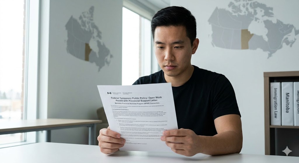 A candid photograph focusing on a young East Asian man, approximately 30, in a modern, sunlit Winnipeg workspace. He is carefully holding and reading a physical document. The visible document title is 'Federal Temporary Public Policy: Open Work Permit with Provincial Support Letter,' with a reference to 'Manitoba Provincial Nominee Program (MPNP) Connection.' He has a serious, concentrated expression. The background features a soft-focus bookshelf and a subtle map of Canada highlighting Manitoba.