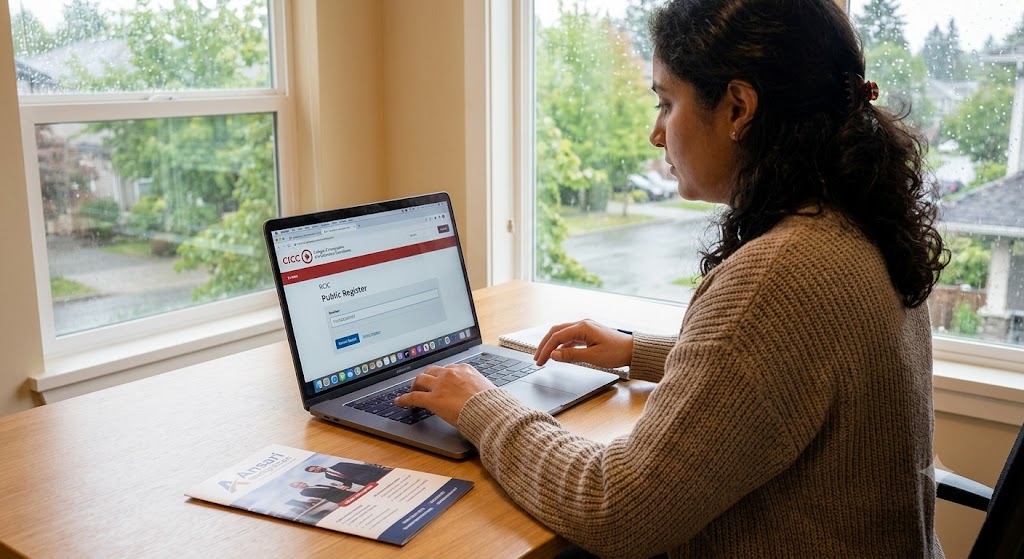 A diligent person sits at a light-filled wooden desk in a Surrey home office, actively using a laptop to search the official College of Immigration and Citizenship Consultants (CICC) public register website. Through a large window, green residential trees are visible.