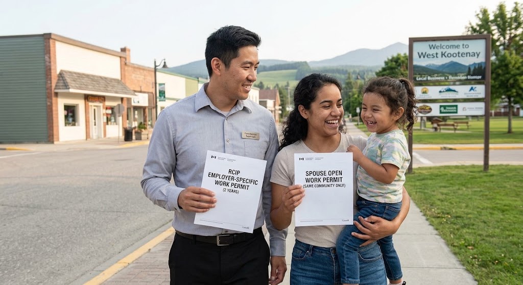 A joyful, candid photograph of a Hispanic family of three walking together on a sidewalk in a small Canadian town center during golden hour. The man holds an official document labeled 'RCIP EMPLOYER-SPECIFIC WORK PERMIT (2 YEARS)' while the woman holds a document labeled 'SPOUSE OPEN WORK PERMIT (SAME COMMUNITY ONLY),' smiling toward a wooden sign that reads 'Welcome to West Kootenay'.